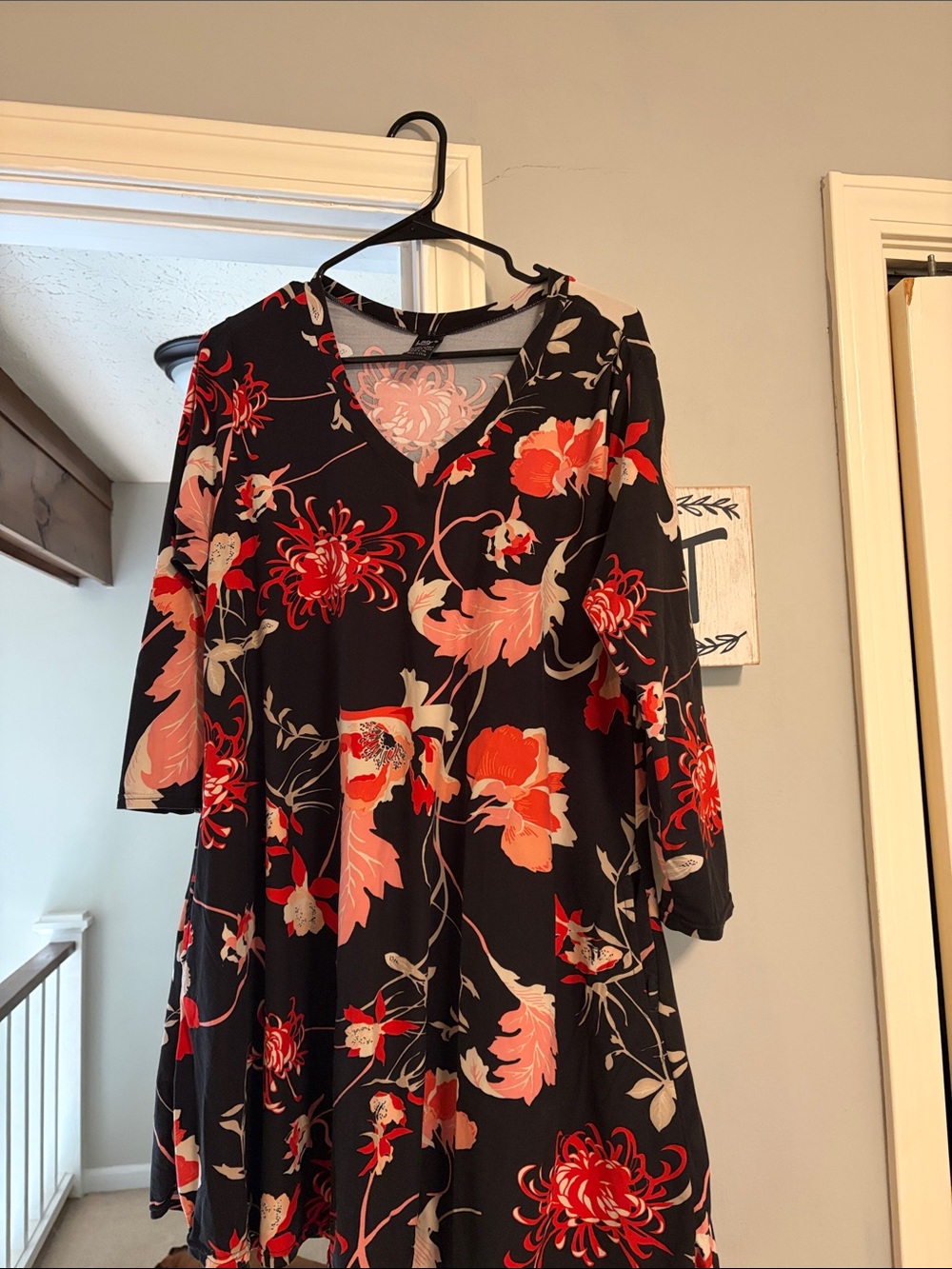 Black Floral V-Neck Long Sleeve Dress with Red and Peach Blooms